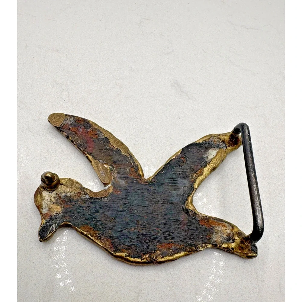 Brass Flying Bird Belt Seagull Beaked Bird Buckle Wood Base Vintage 3.5